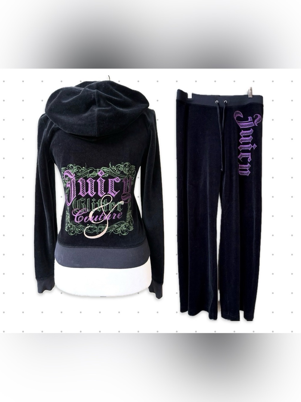 Y2K ORIGINAL -Juicy Couture - Black and Pink Velour Tracksuit - 2 PIECE - Size S